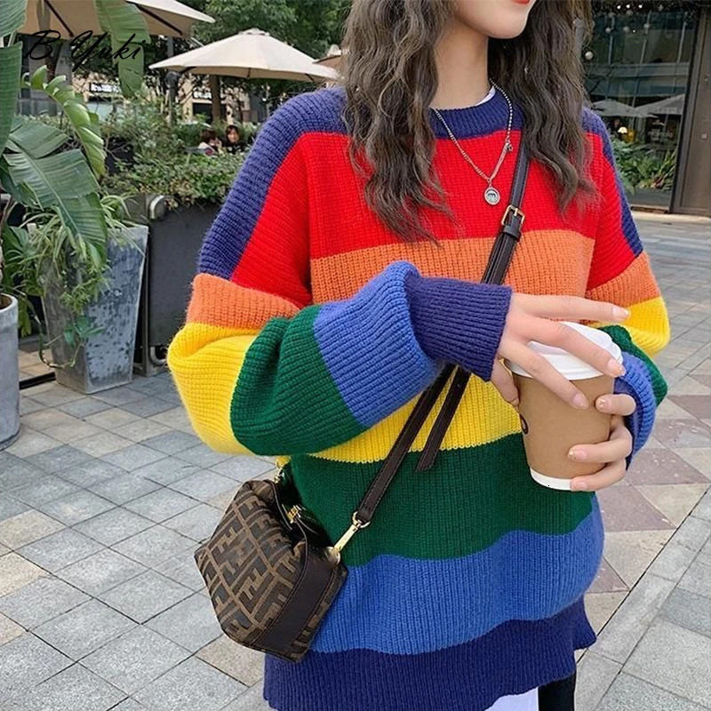 Blessyuki Oversized Knitted Rainbow Sweater Women Fashion Stripes Contrast Round Neck Pullover Sweater Casual Loose Cute Jumper 240808