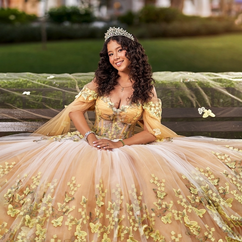 Champagne Mexican Quinceanera Dressess with Cape Butterfly Tull Sweet 16 vestido 15 quinceaneras Corset Prom Lace Up