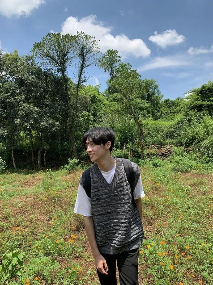 Mens Knitted Sweater Sleeveless Waist Wear Vneck Fashion Tank Top Y2k Retro Pink South Korea Autumn 2024 240807