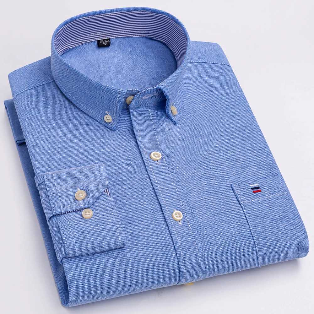 Mens 100% Cotton Plaid Checkered Long Sleeve Oxford Shirt Front Patch Chest Pocket Button-down Striped Versatile Casual ShirtsM240807