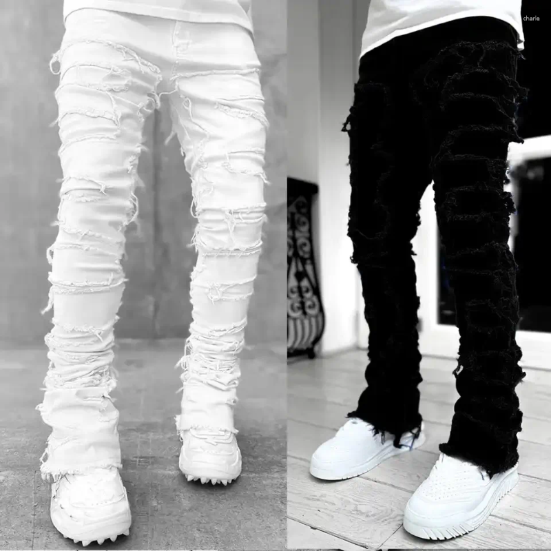 Men's Jeans Regualr Fit Stacked Pants Men Stretch Ripped Washed Distressed Destroyed Straight Denim Hip Hop For
