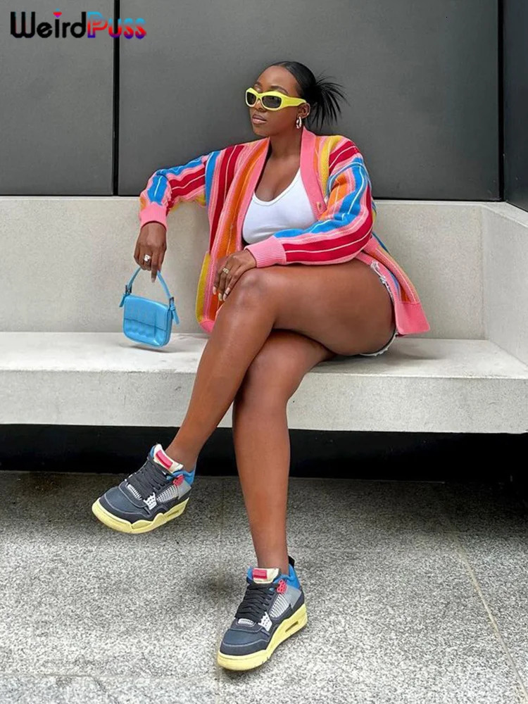 Weird Puss Colorful Striped Women Cardigan Sweater Winter Long Sleeve Single-Breasted Y2K Hipster Streetwear Wild Loose Coat 240808CJ
