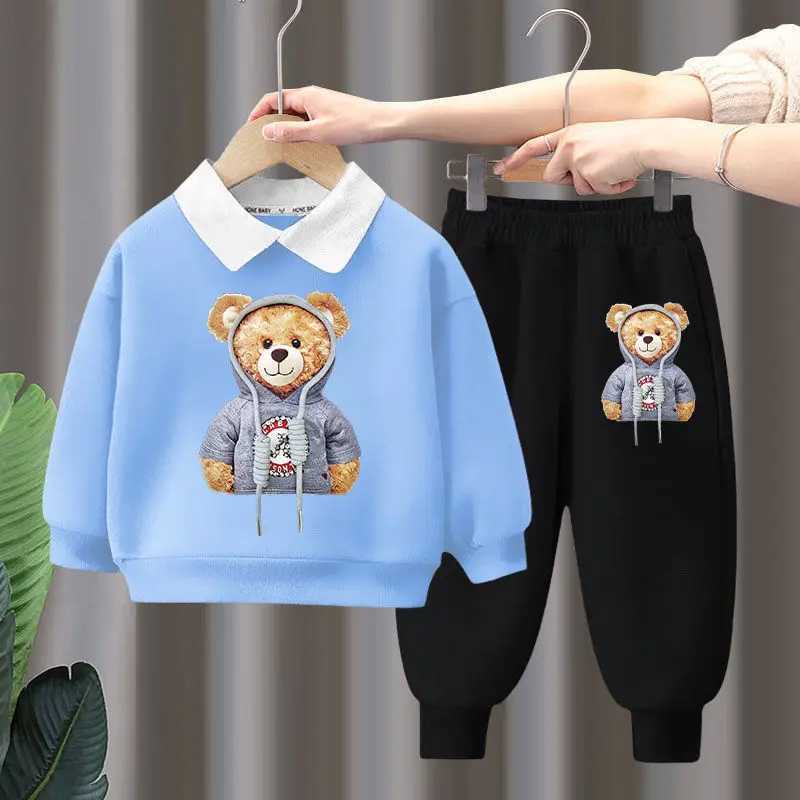 Clothing Sets Autumn Children Boy Clothes Set Kid Girls Cartoon Bear Printed Lapel Sweatshirts Pullover Top and Pants 2pcs Suit Baby TracksuitL488