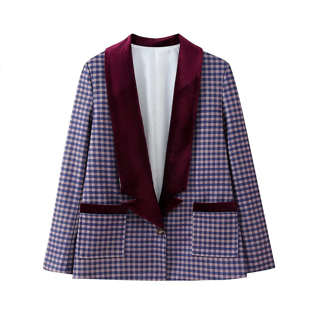 Aoaiiys Plaid Blazer for Women Coats Chic Patchwork Velour Elegant Basic Single Button Jackets Fashion Causal Outerwear 240808