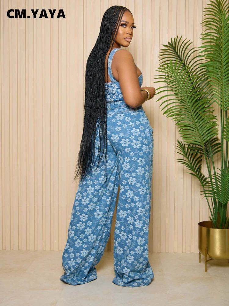 CM.YAYA Jean Jacquard Floral Womens Set Strap Wrap Crop Top and Straight Wide Leg Pants Two 2 Piece Sets Outfit Tracksuit 240813