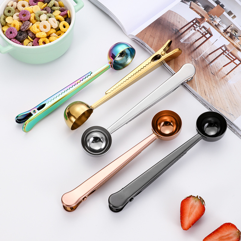 Stainless Steel Coffee Spoon Scoop Multi function Bag Sealing Clip Milk Powder Liquid Seasoning Measuring Long Handle Coffeeware Durable Keep Fresh FY