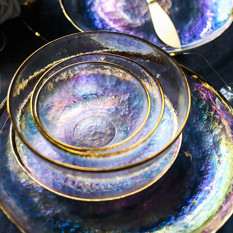 Kinglang Dazzle color painted gold glass bowl dish seven color transparent hammer grain glass plate salad bowl fruit bowl wester 240808