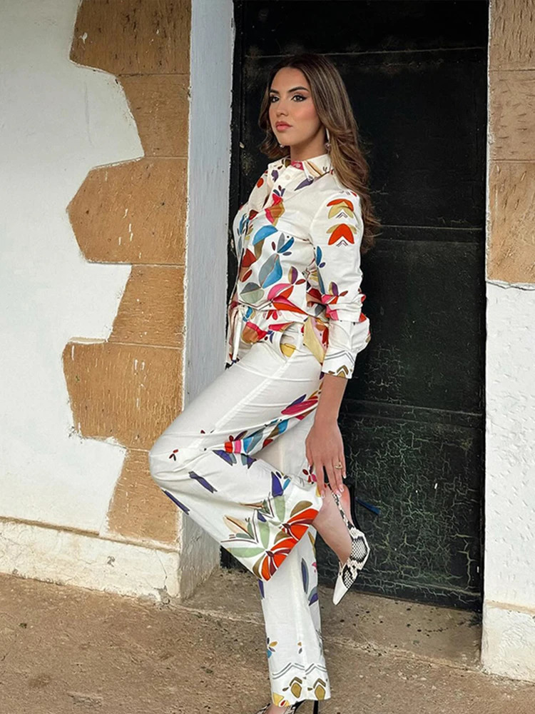Fashion Floral Printing Long Pant Set Women Lapel Long Sleeve Blouse Straight Trouser Suits 2024 Summer Lady Chic 2 Pieces Sets 240813
