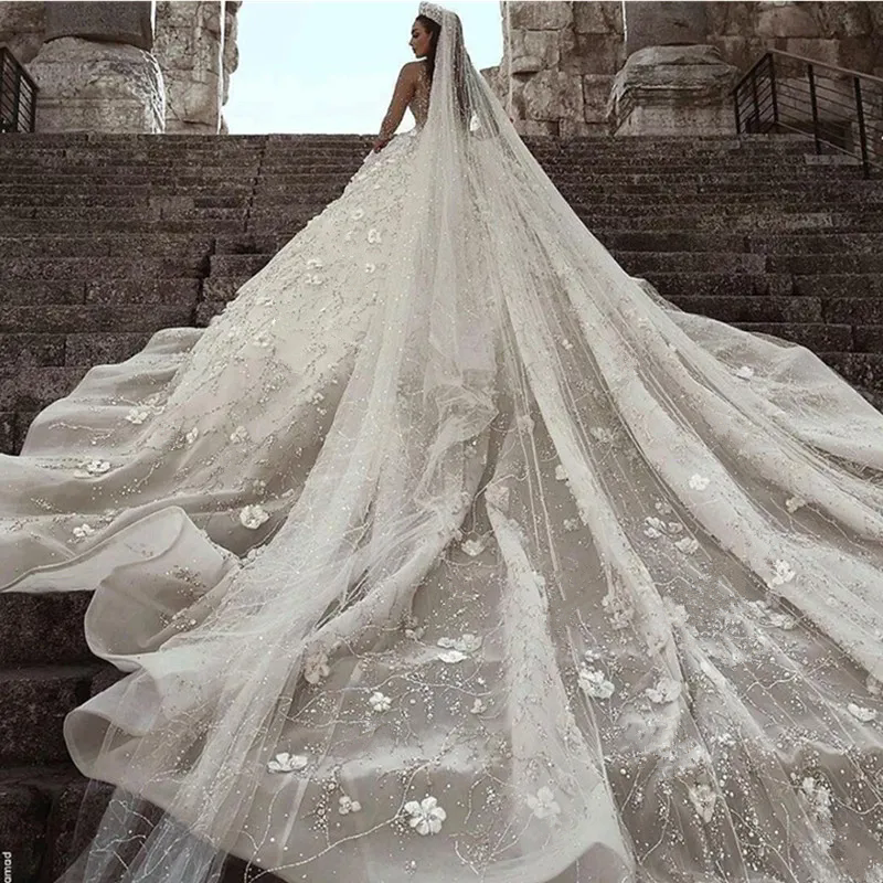 Plus Size Arabic Aso Ebi Luxurious Beaded Crystals Wedding Dresses High Neck Bridal Dresses Sheer Neck Wedding Gowns