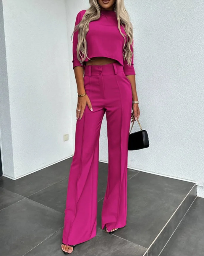 Spring Crop Top With Flare Pants Two Piece Set Women Fashion Solid Turtleneck T Shirt Suit Office Casual White Pant Set Lady 240808