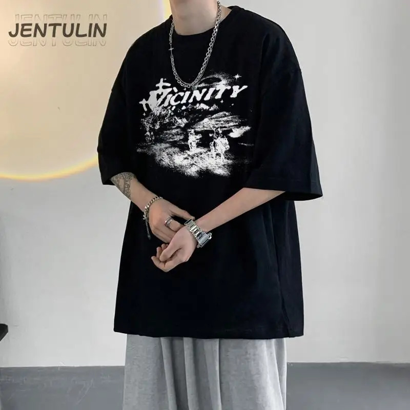 Punk Hidden Hills Graphic Tshirt Harajuku oversized mens cotton aesthetic fashion Korean style top Y2K street clothing hiphop 240822