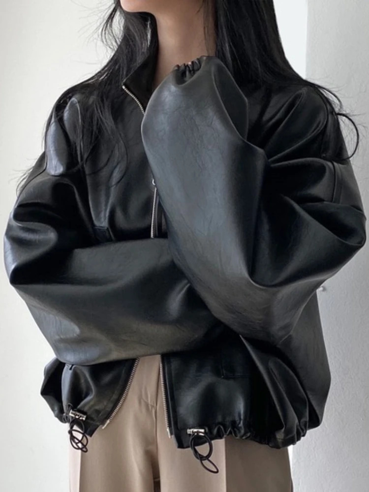 Winter punk black leather jacket womens coat loose zipper cut casual motorcycle street clothing 240807