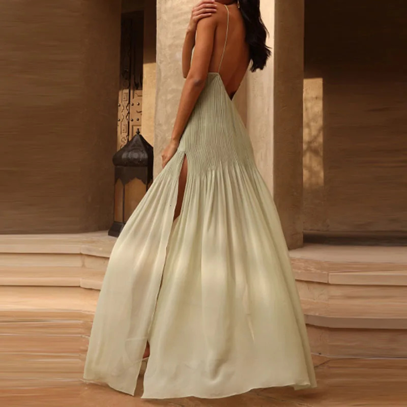 Simple Sexy Deep V Neck Pleated Evening Dress Women Spring Solid Rib Side Split Long Dress Summer Backless Sling Maxi Dress 240808