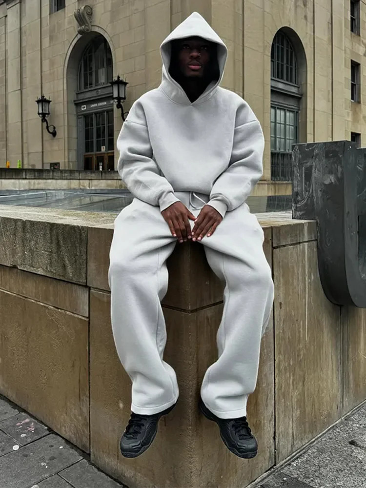 Autumn Mens Solid Color Hoodie And Pants Fashionable Casual Sports Two-piece Male Hip Hop Loose Streetwear 240808