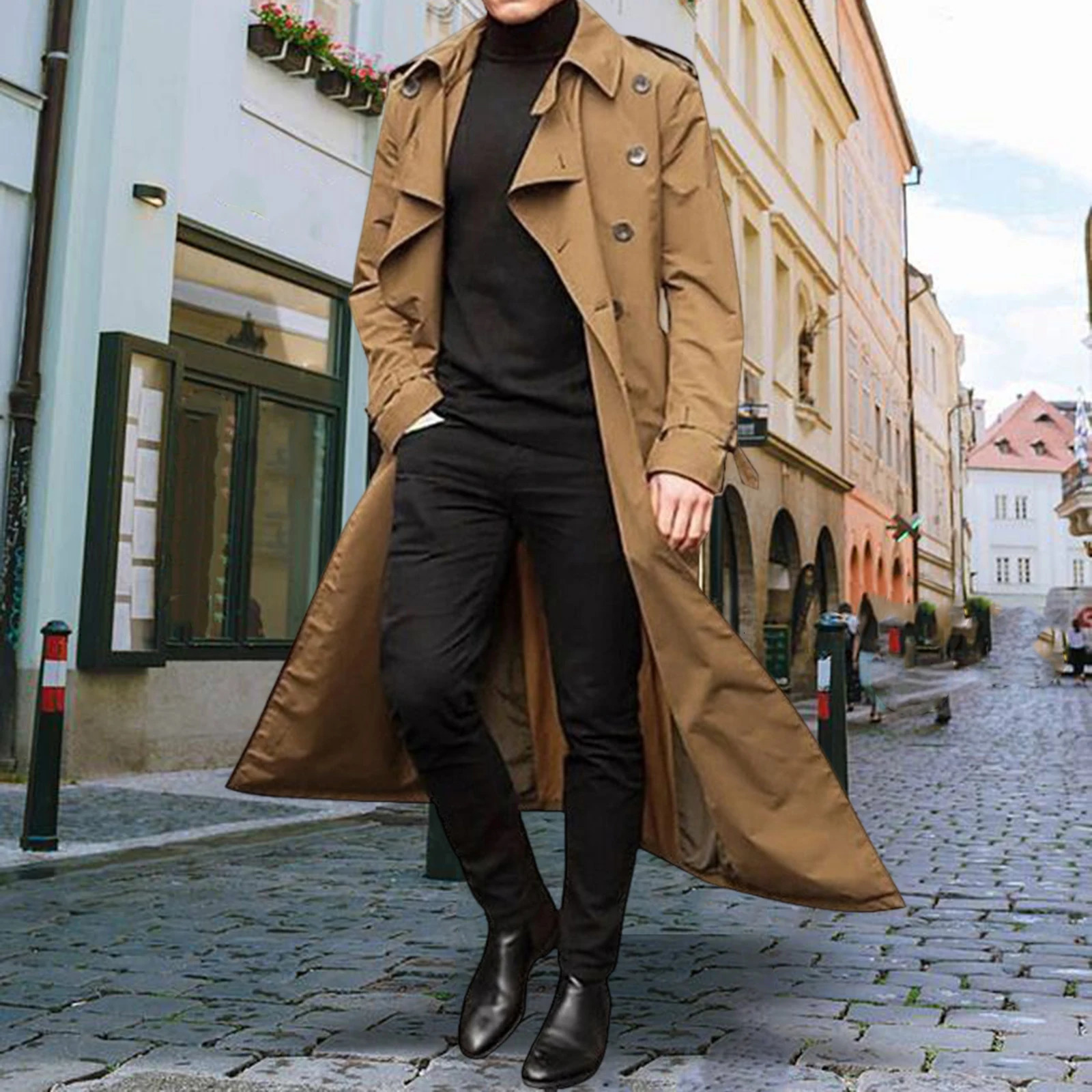 Formal mens windbreaker long jacket double chest warm and slim fit with pockets windproof suitable for dates workdays 240812