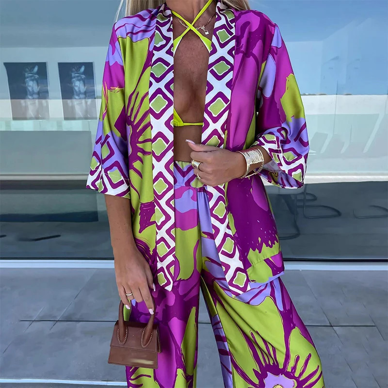 Casual Loose Holiday Two Piece Sets Womens V-neck Cardigan Tops with Long Pants Suits 2024 Spring Vintage Printed Beach Outfits 240813