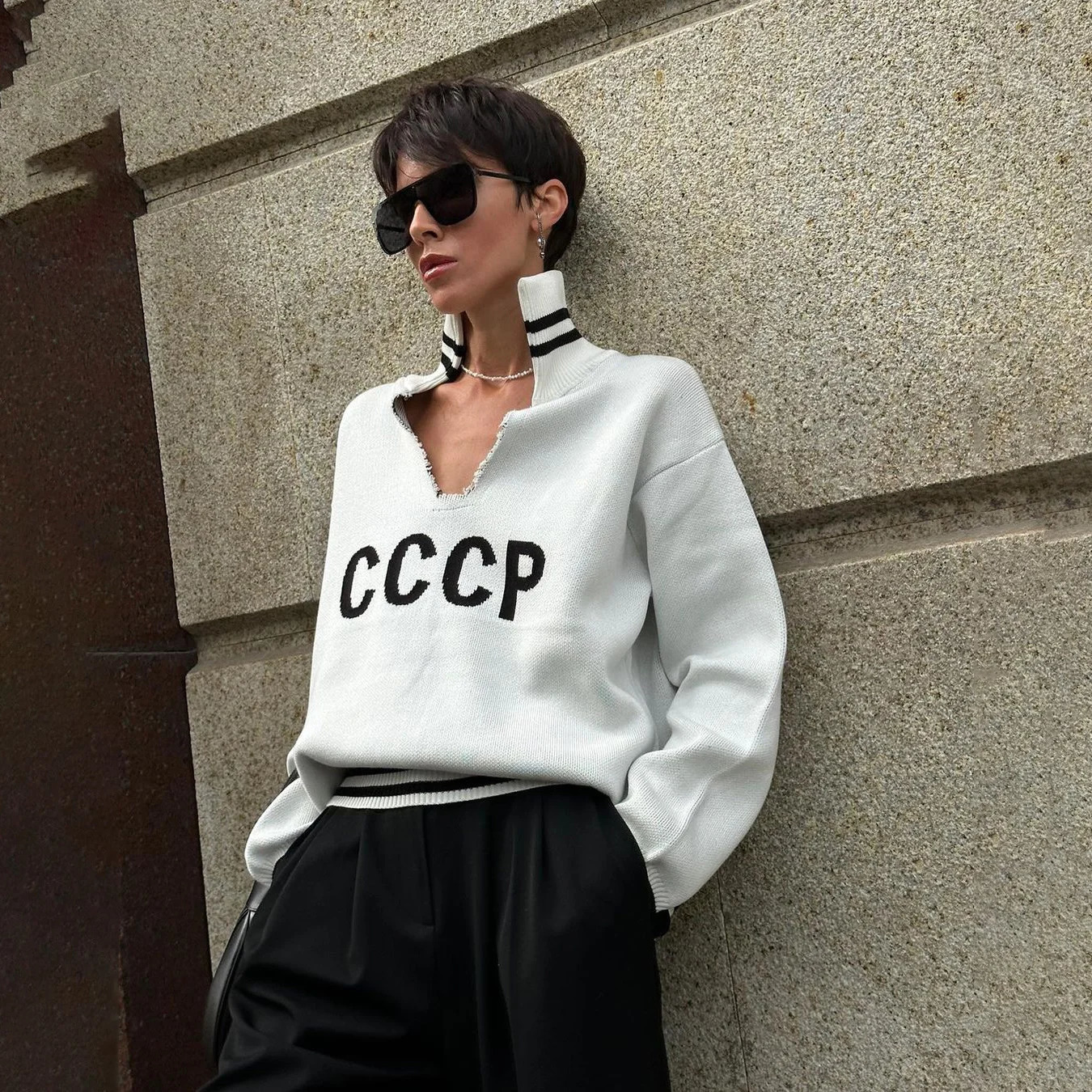 Spring Autumn V-neck Sweater Women Contrast Letter Street Tops Loose Casual Pullovers Long-sleeved Knitted Women Sweater 240808