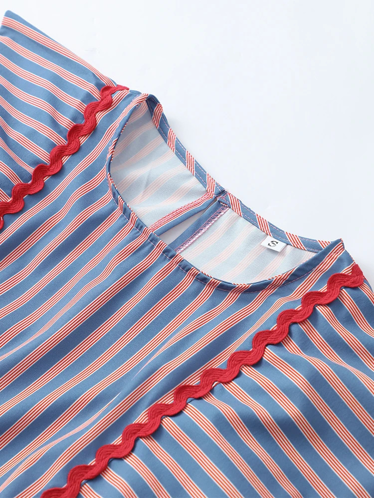 Elegant Striped Printed O Neck Flying Sleeve Tops Set Causal High Waist Slim Long Dresses Suits Summer Female High Street Outfit 240808