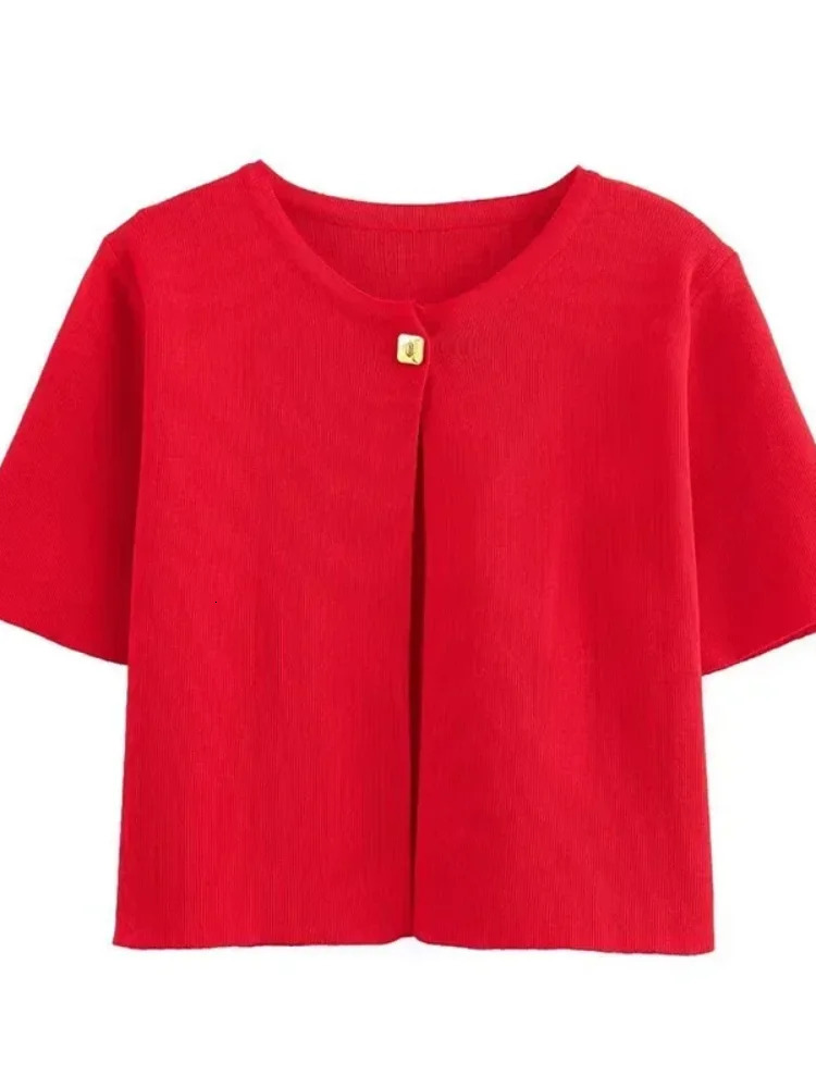 Knitted One Button Cardigans Women Elegant Red Short Sleeve O-neck Sweater Female Autumn Fashion Streetwear Lady Sweaters 240808
