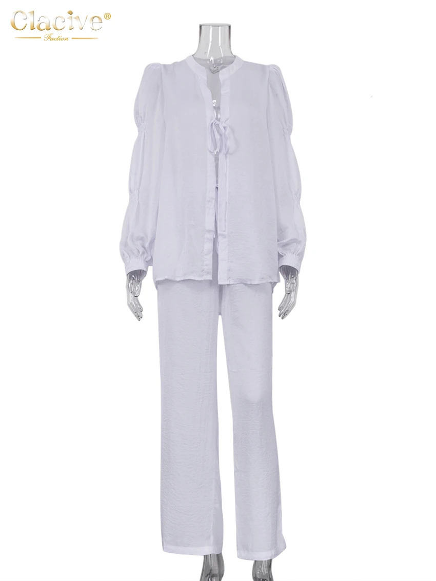 Clacive Sexy Loose White Womens 2 Piece Outfit Set 2024 Fashion Long Sleeve Lace-Up Shirt With High Waist Wide Pants Set Female 240813