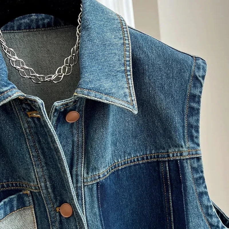 Autumn Womens Patchwork Turn-down Collar Button Pocket Fashion Solid Color Casual Loose Sleeveless Cowboy Vest Tops 240808