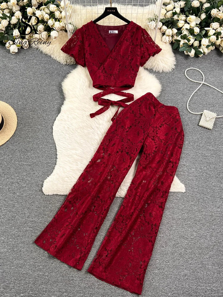 SINGREINY High Street Women Lace Slim Two Pieces Suits Summer Lace Up Short TopWide Legs Long Pants Set Retro Lace Floral Sets 240813