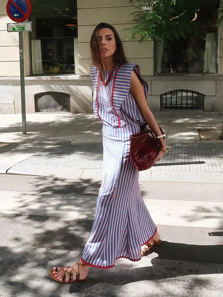 Elegant Striped Printed O Neck Flying Sleeve Tops Set Causal High Waist Slim Long Dresses Suits Summer Female High Street Outfit 240808