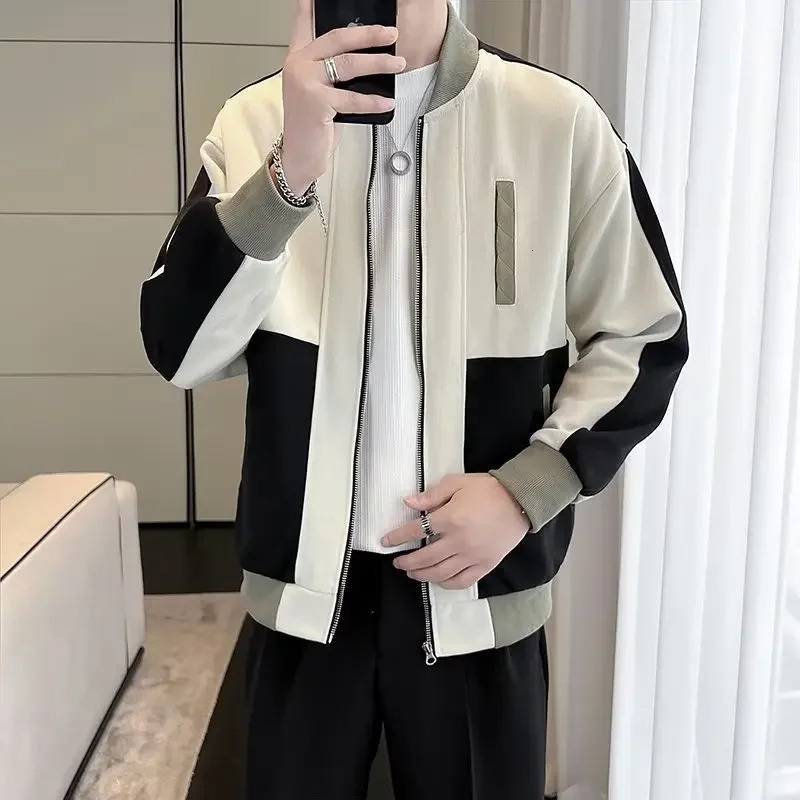 Spring Autumn Lightweight Casual Trendy Mens Jacket Fashionable End Top Versatile Color Block Clergy Collar Baseball Uniform 240807