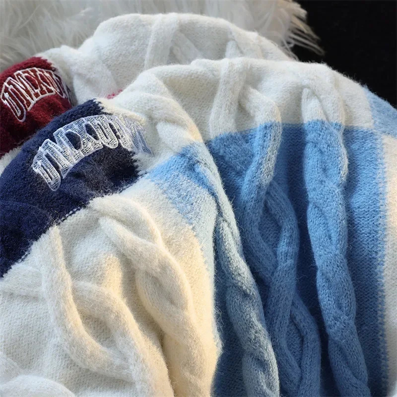 HOUZHOU Vintage Plaid Green Knitted Sweater Men Checked Pullover Y2K Blue Sweaters Mens Winter Harajuku Japanese Streetwear 240808