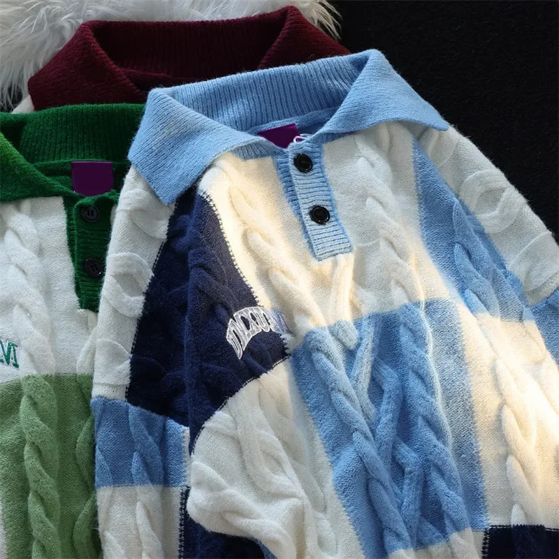 HOUZHOU Vintage Plaid Green Knitted Sweater Men Checked Pullover Y2K Blue Sweaters Mens Winter Harajuku Japanese Streetwear 240808