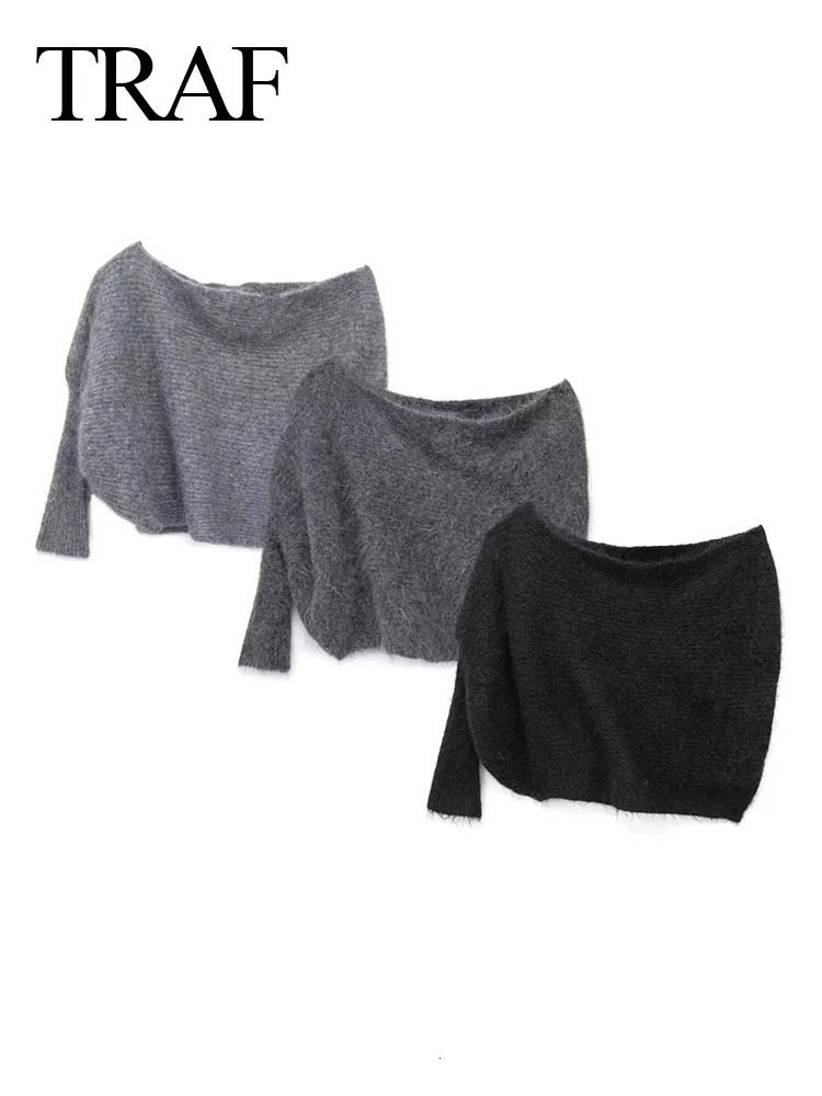 TRAF Women Grey Pullover Asymmetric Knit Off Shoulder Sweater Woman Black Bolero Cropped Jumper Women Knitted Sweater 240808