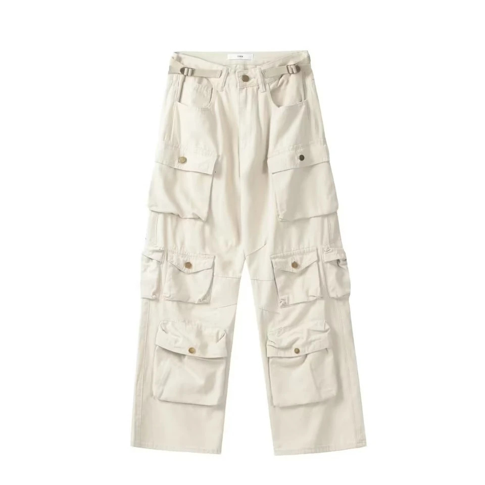 Spring Cargo pants Rice White Multi-pockets Overalls Harajuku stays Men Loose Casual Trousers Straight Mopping Pants 240814