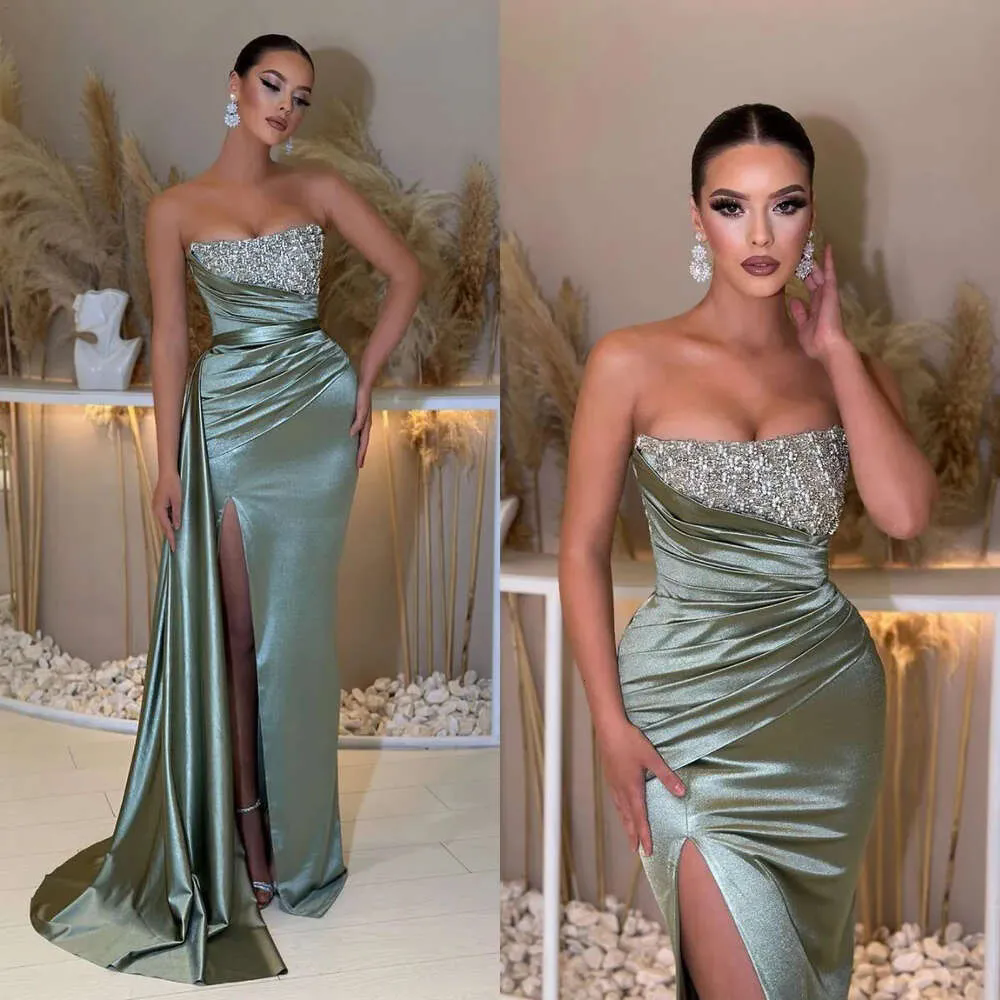 Simple Satin Prom Dress 2024 Sexy Evening Dresses Strapless High Split Backless Robes For Formal Party Sequin Vestidos De Gala