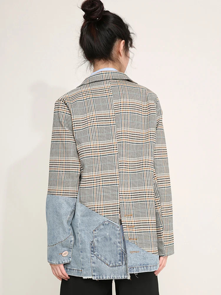EAM Women Blue Plaid Denim Big Size Blazer Lapel Long Sleeve Loose Fit Jacket Fashion Spring Autumn 1DD641005 240808