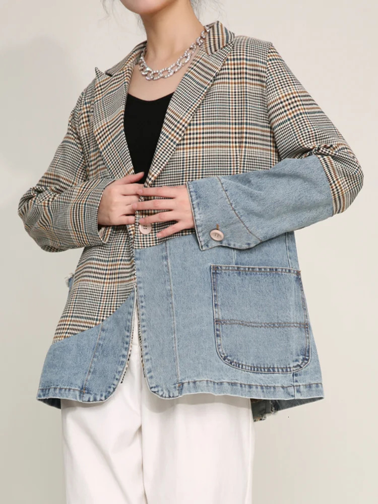 EAM Women Blue Plaid Denim Big Size Blazer Lapel Long Sleeve Loose Fit Jacket Fashion Spring Autumn 1DD641005 240808