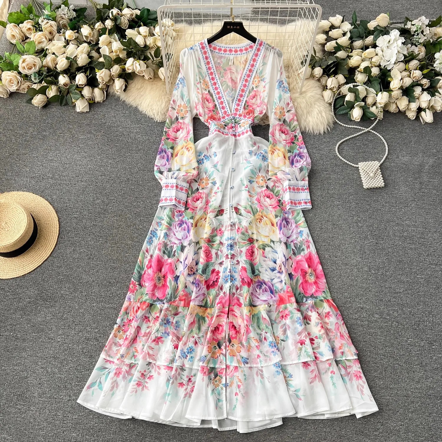 Fashion Summer Holiday Floral Chiffon Ruffles Dress Women Sexy See Through Deep V Neck Long Sleeve Floral Robe Boho Vestido 240808