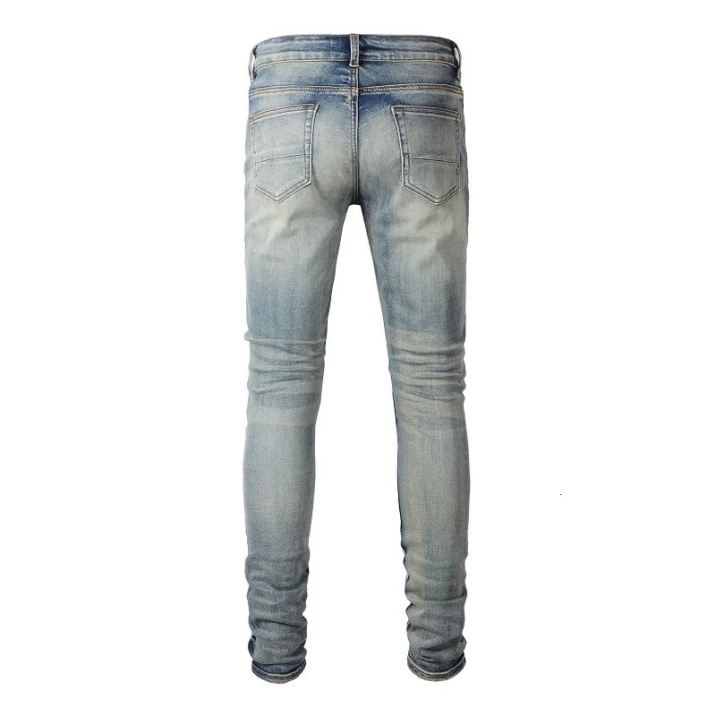 Mens cracked patch bicycle jeans streetwear pleated patches workwear stretch denim pants holes tears tight adhesive tape 240807