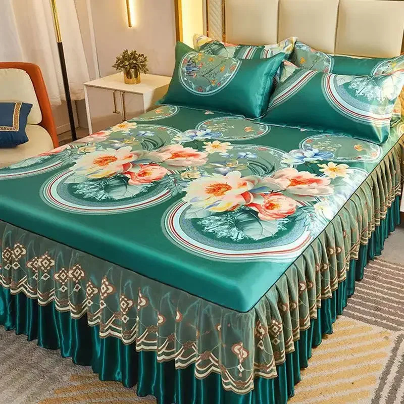 3Pcs/Lot Double Bed Sheet Set Classic Lace Royal Blue Bed Sheet Bed Skirt Machine Washable Wedding Bedspread Mattress Cover 240807