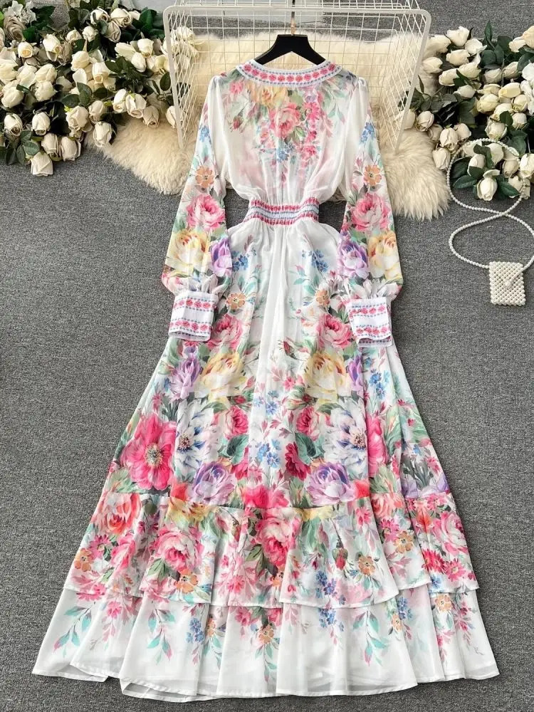 Fashion Summer Holiday Floral Chiffon Ruffles Dress Women Sexy See Through Deep V Neck Long Sleeve Floral Robe Boho Vestido 240808