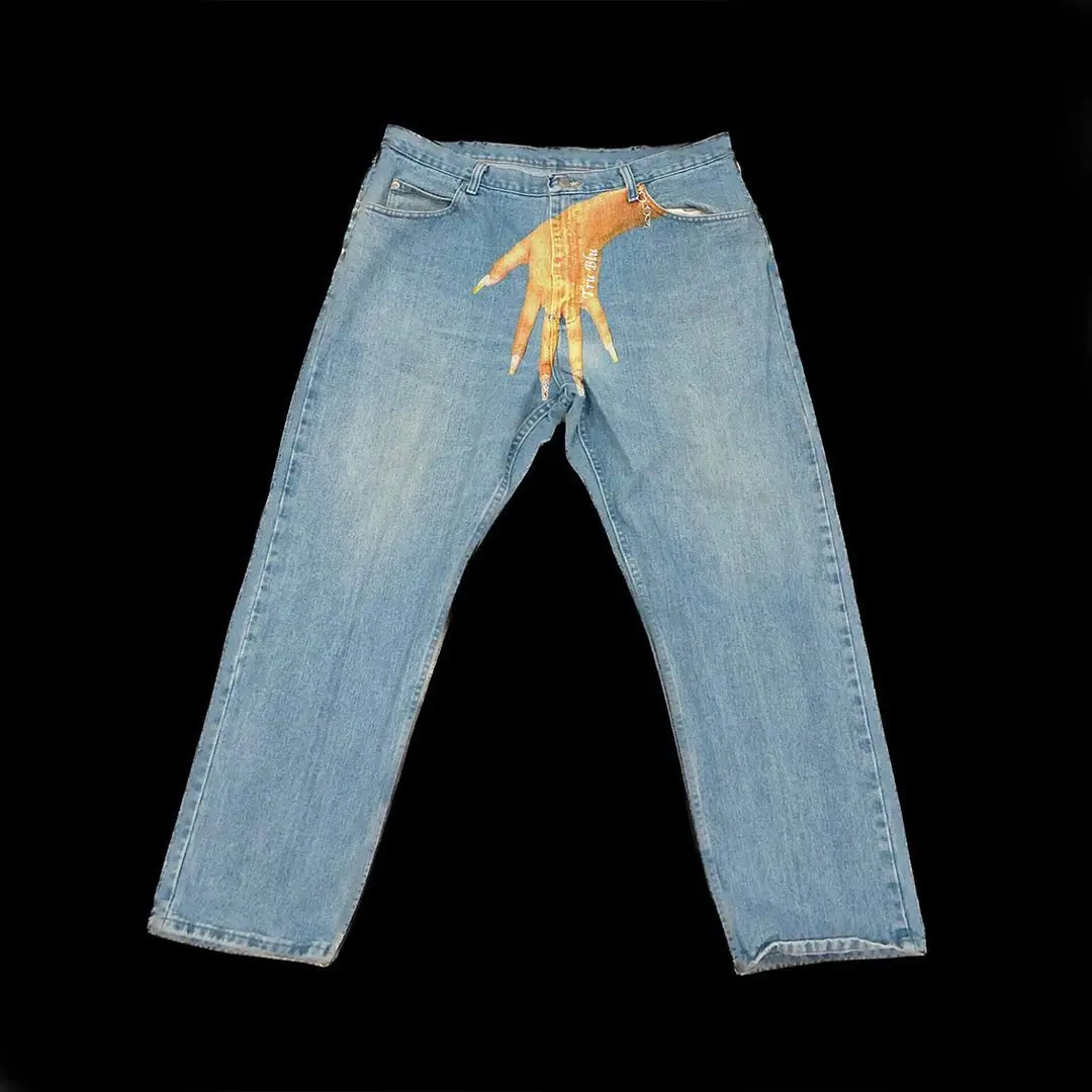 Tru Blu Denim Hip Hop Palm Print Jeans Gothic Wash High Waisted Y2k Vintage Streetwear Baggy Straight Wide Leg Trousers 240809