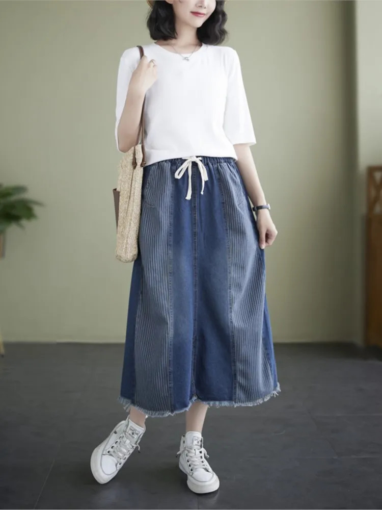 Denim High Waist Oversized Striped Print Patchwork Skirt Women A-Line Ruffle Pleated Loose Ladies Skirts Modis Woman Midi Skirts 240808