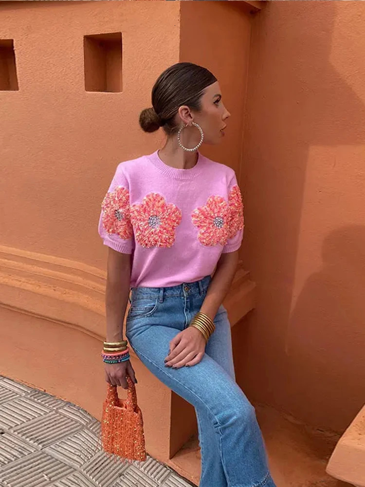 Fashion 3D Flower Print Women Knit Pullover Elegant Slim O-neck Short Sleeve Sweater Spring Summer Female Panelled Knitwear 240808 - view 4