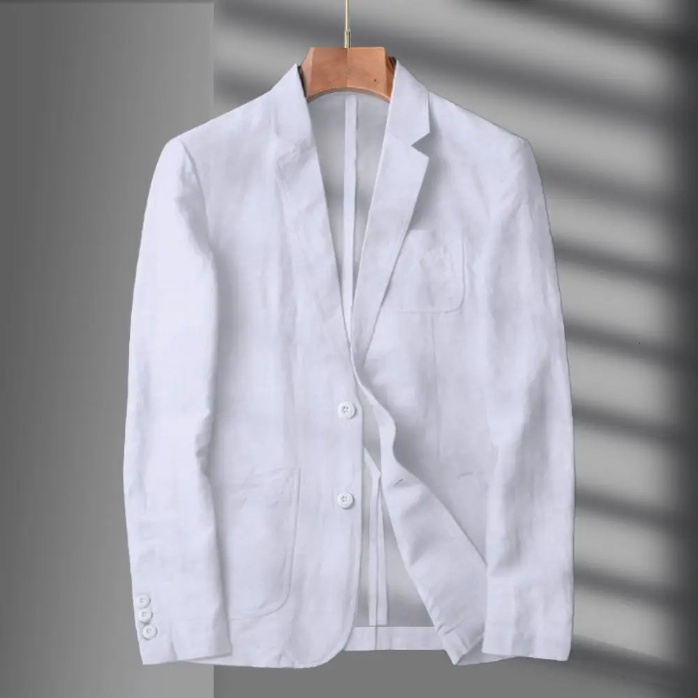 Navy Blue Linen Blazer Men Summer Casual Suit Single Jacket For Black Spring And Autumn Business 240807
