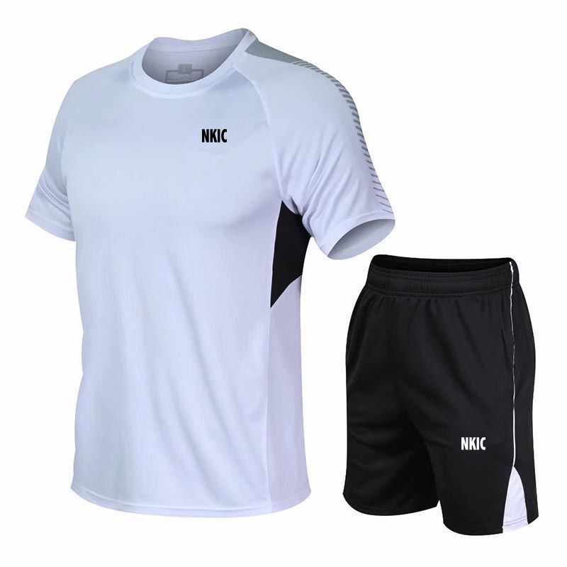 Fashion Trend Men's summer short-sleeved White Black T-shirt set men's casual Brand sports fitness running shorts two-piece set