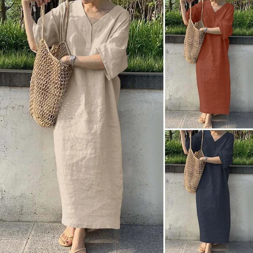 Women V Neck Button Short Sleeve Loose Maxi Dress Summer Female Holiday Beachwear Sand Straight Cotton Linen Party Dress 240808
