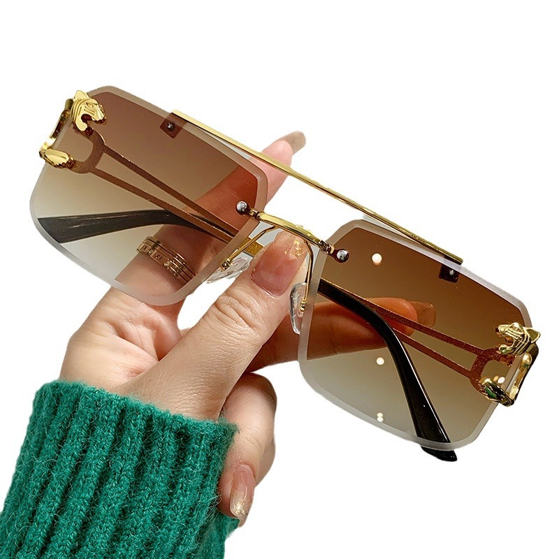 With Box Set Retro Cheetah Decoration Rimless Sunglasses for Women Men Metal Steampunk Sun Glasses Frameless Fashion Shades UV400 Eyewear