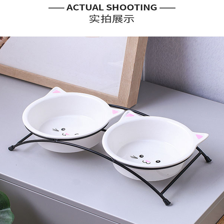 Cartoon ceramic Iron Stand Double Dog Dual Purpose Food Bowl Cervical Protection Pet water Heightening Cat bowl Household