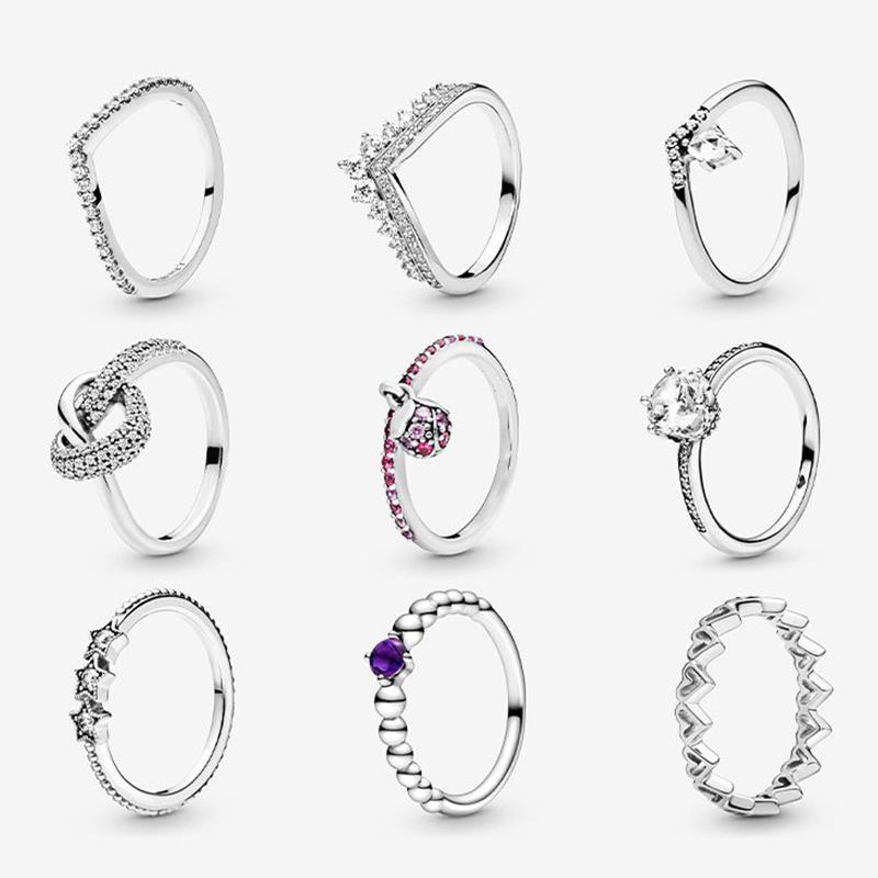 S925 Sterling Silver Cubic Zirconia Princess Wishbone Stacking Knotted Heart Stars Rings For Women Luxury Jewelry Gift