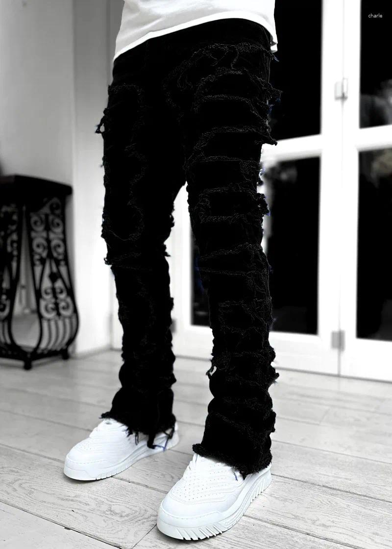 Men's Jeans Regualr Fit Stacked Pants Men Stretch Ripped Washed Distressed Destroyed Straight Denim Hip Hop For