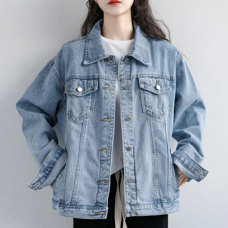Vintage Women Jacket Autumn Winter Oversize Denim Jackets Washed Blue Jeans Coat Turn-down Collar Outwear Bomber Jacket 240812